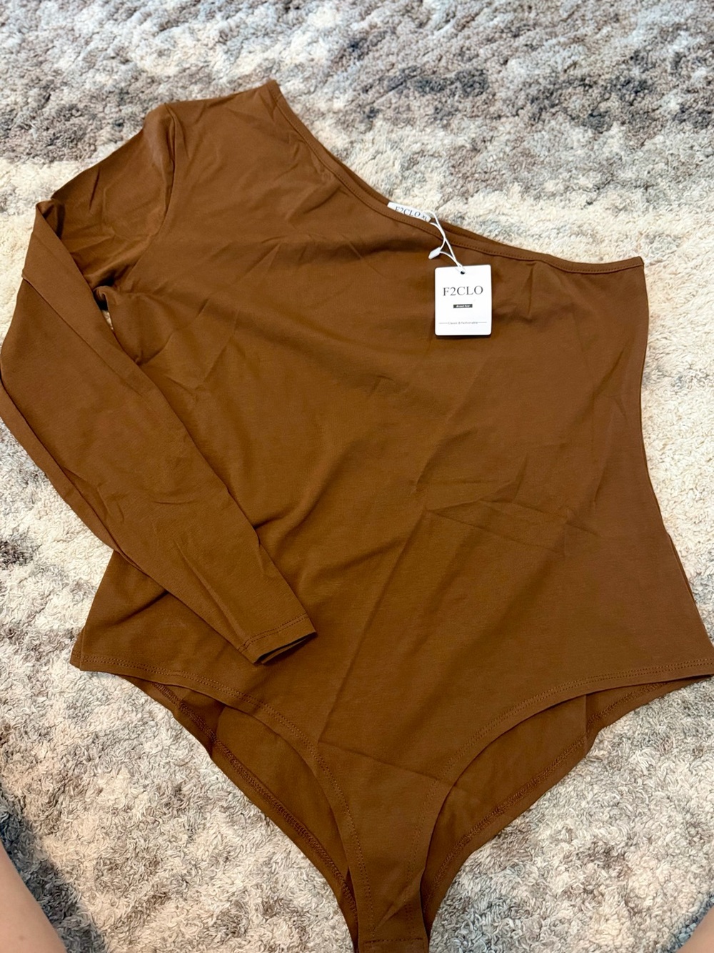 Womens One-Shoulder Long Sleeve Bodysuit - Brown